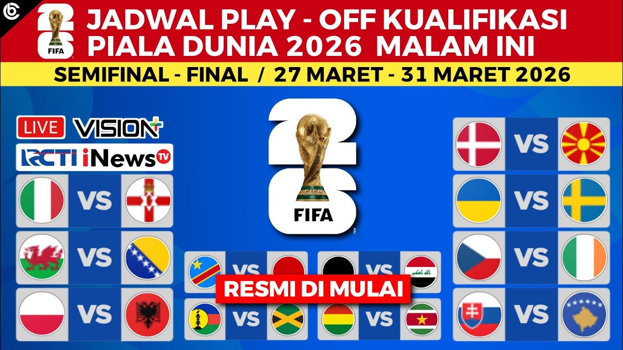 Jadwal Play - Off Piala Dunia 2026 Malam Ini - Denmark vs Makedonia Utara - Italia vs Irlandia Utara