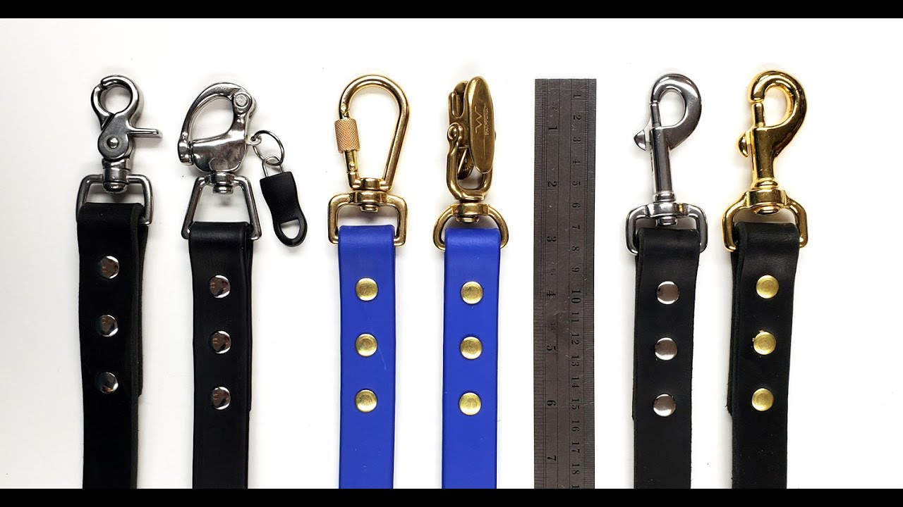 BLD leash snaps: bolt snap, scissor/trigger snap, locking carabiner, alligator locking jaw snap