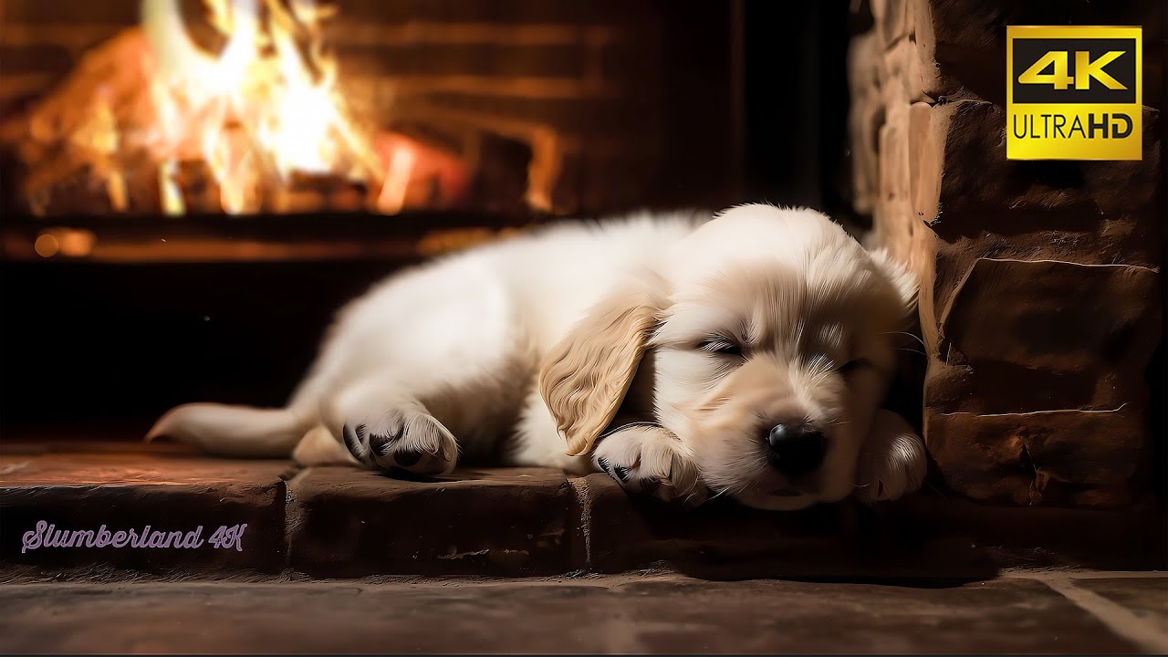 Relax with Cute Puppy by the Fireplace 4K 🔥 Sleep in Cozy Ambience with Crackling Fireplace Sounds