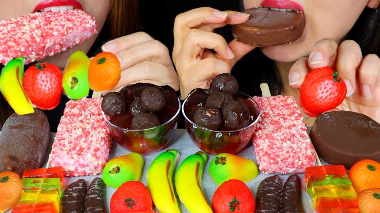 ASMR FRUIT JELLY, CHOCO BANANAS, STRAWBERRY SHORTCAKE ICE CREAM, FRUIT MARZIPAN 먹방 | Kim&Liz ASMR