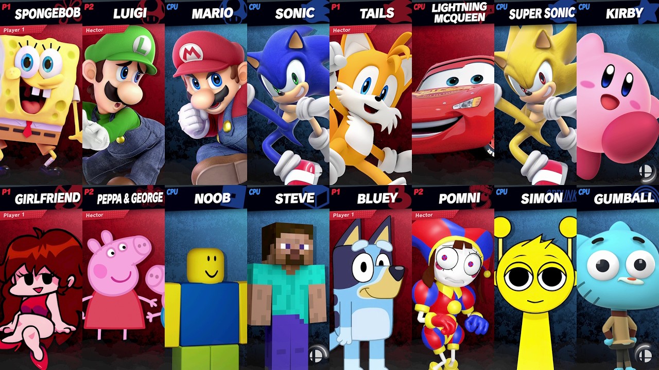 Sonic vs Mario vs Roblox vs Minecraft vs Car vs Peppa vs Bluey vs SpongeBob vs Steve | Super Smash