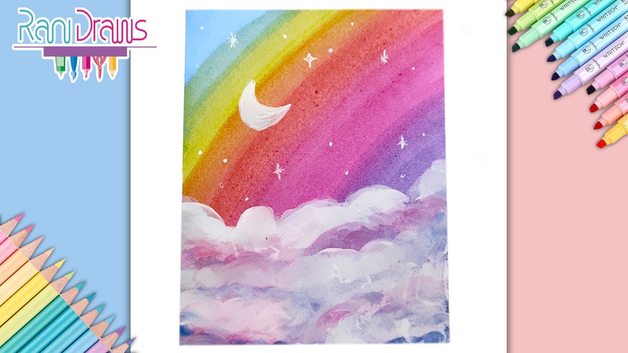 Cómo pintar un PAISAJE DE ARCOIRIS con ACUARELA - ideas de paisajes fáciles con acuarela