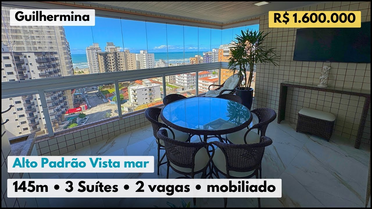 Mega apartamento vista mar com 3 suítes, 2 vagas na Guilhermina, Praia Grande -SP
