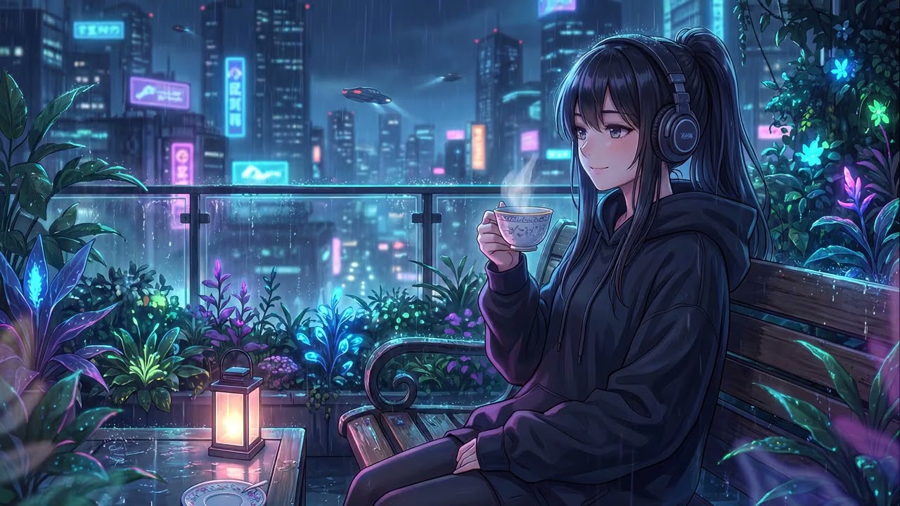 Cozy Cyberpunk Rooftop Chill 🌃☕ | Rainy Night Tea & Neon Glow