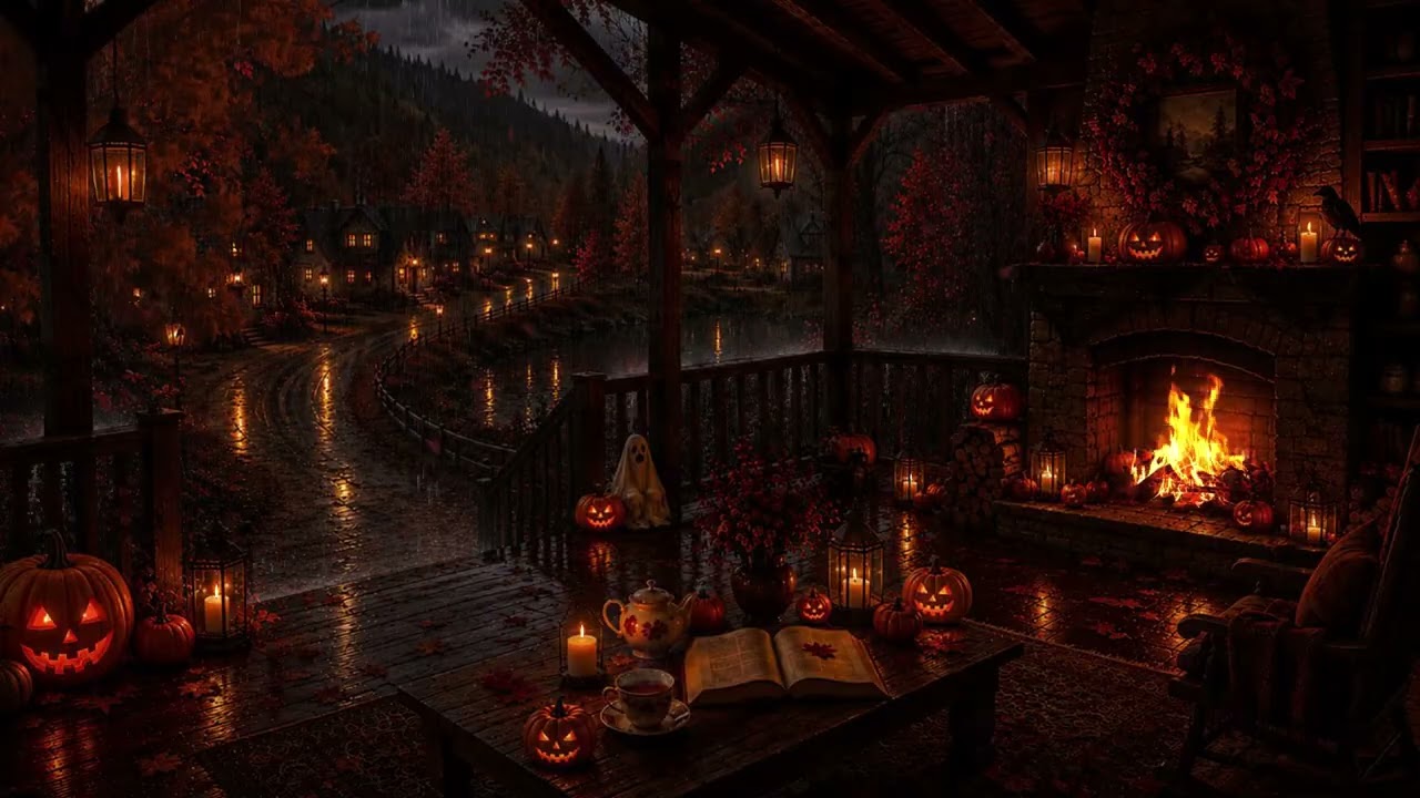 No Ads🎃Cozy Halloween Rain on Autumn Porch 🍂🌧️Fire, Pumpkins & Quiet Village Lights | Sleep & Relax