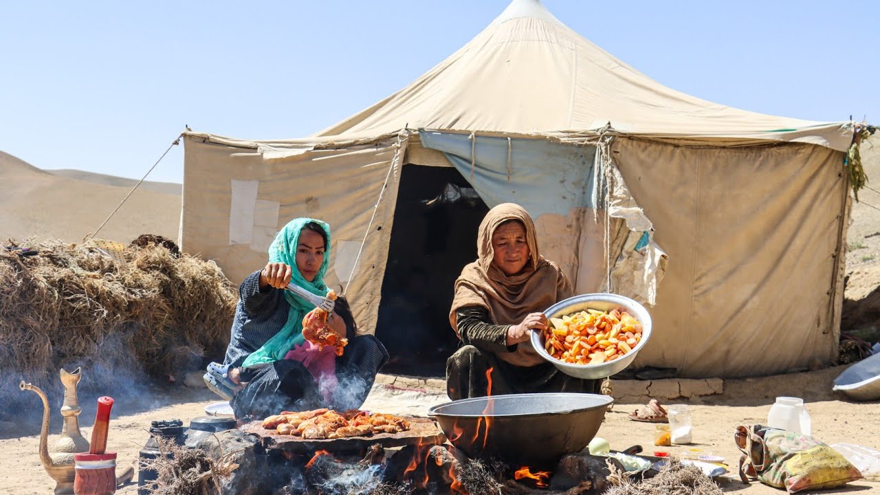 Shepherd Mother is Cooking Shepherd food Chicken kabab in the nature | nomadic life in Afghanistan