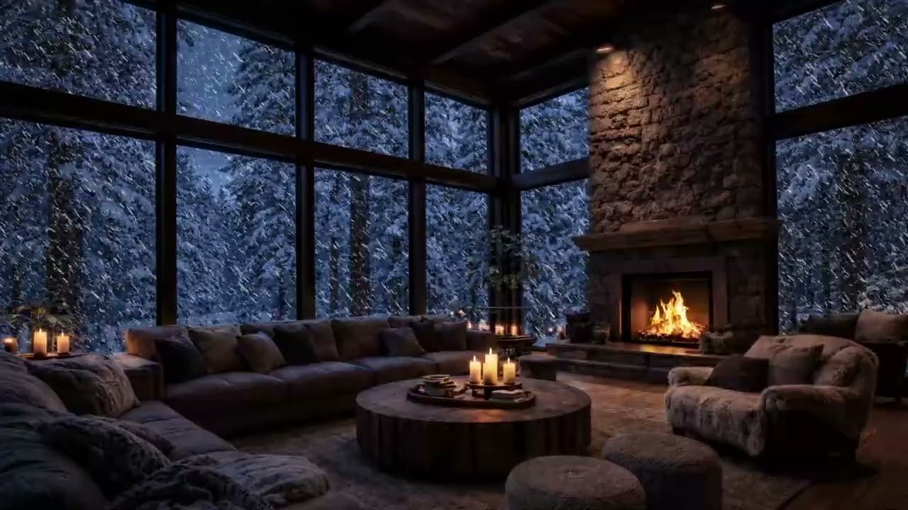Cozy Cabin Snowstorm - Wind Sounds and Crackling Fire for Sleep and Relaxation