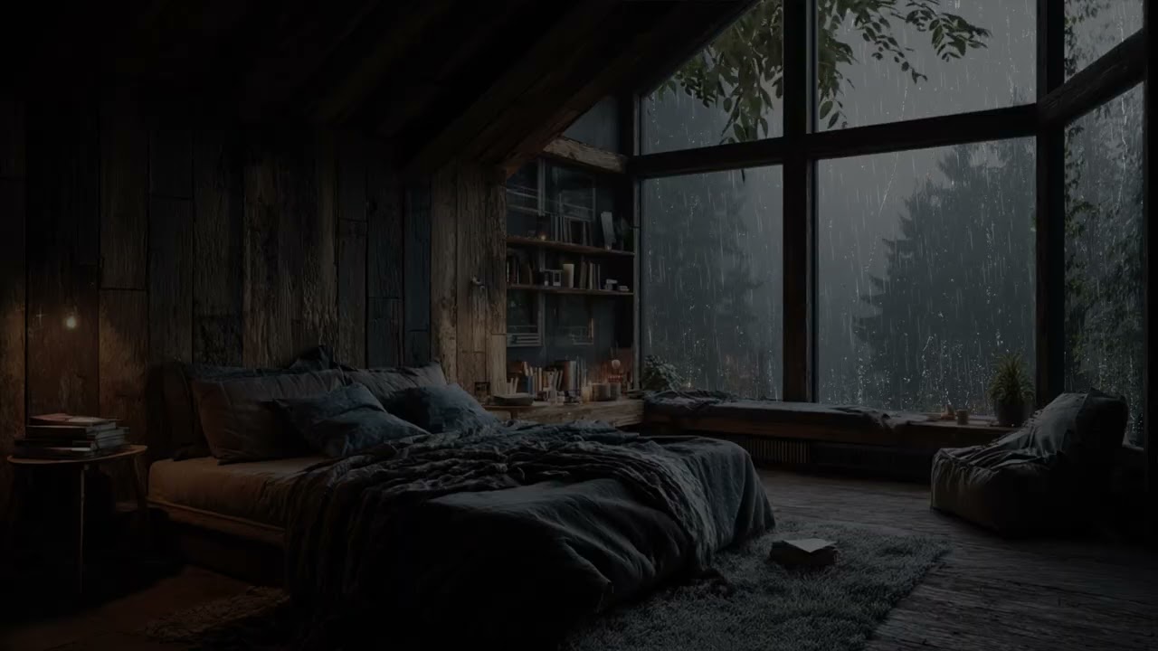 Dreamlike Rain Drifting Past The Bedroom Window Into The Dark Pine Forest