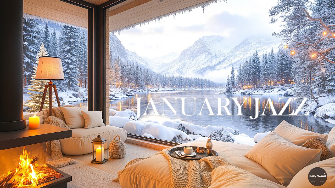 4K January Jazz on Cozy Porch Ambience - Relaxing Winter Ambience with Smooth Jazz & Fireplace