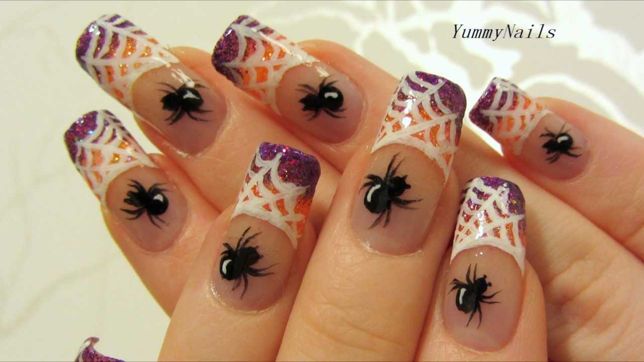 Spiderweb on Purple and Orange Glitter Halloween Design Nail Art Tutorial