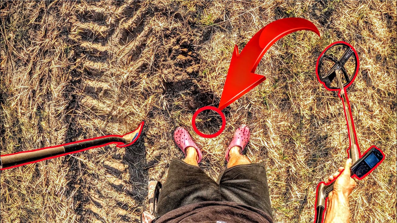 Schatzsuche mit einem Metalldetektor auf dem Acker (Sondeln)