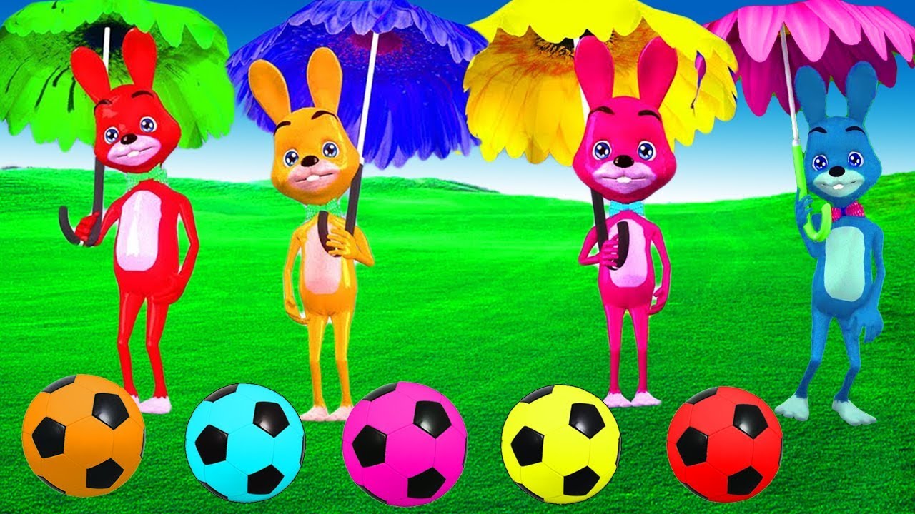 Learn Colors With Umbrellas Bunnies Playing Soccer Balls Rain Rain Go Away | Nursery Rhymes