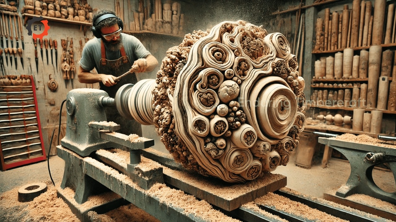 Work Wooden Lathe Art, Woodturning, Process Carving A Giant Redwood Tree In The Factory
