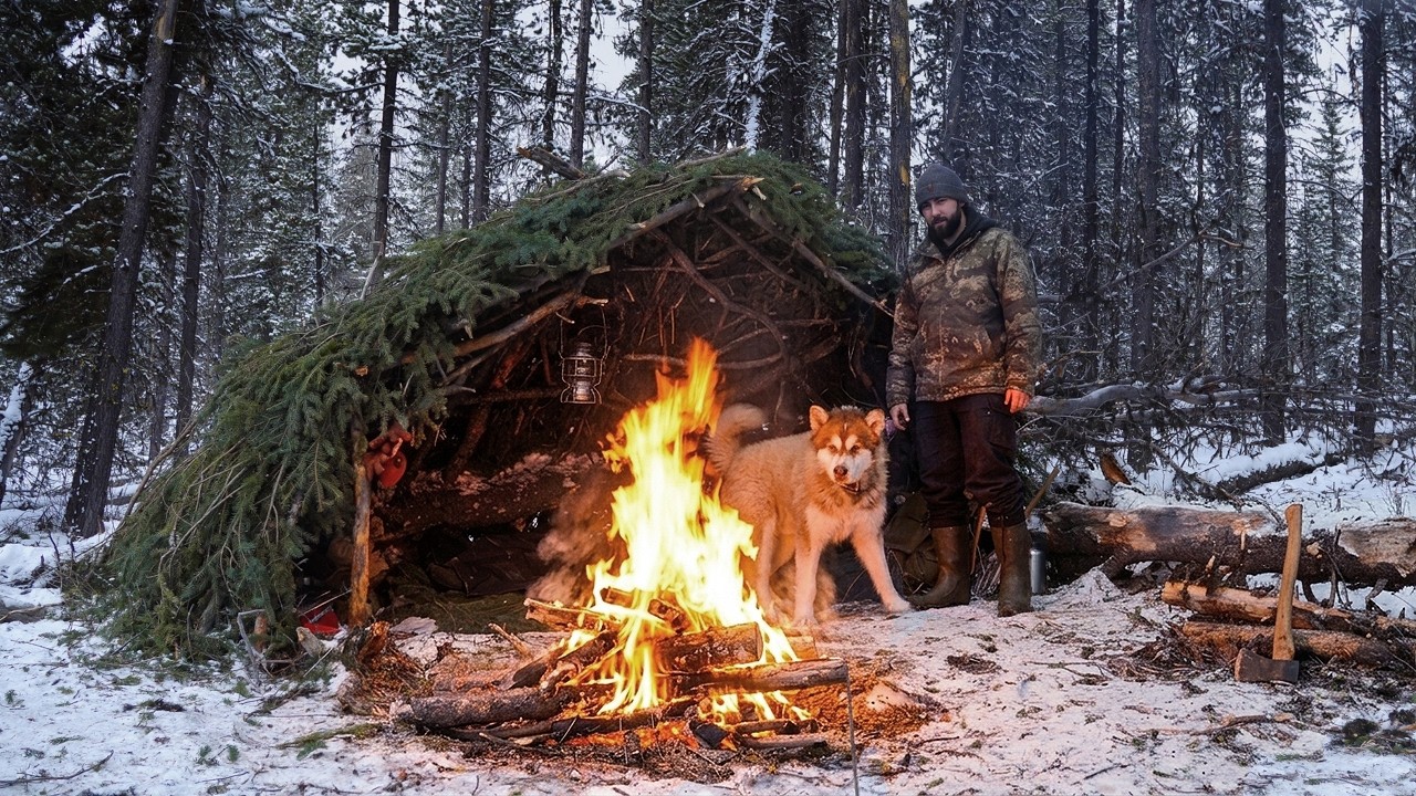Winter Bushcraft - 72 Hour Survival Shelter in Cold Weather | Ice Fishing & Wild Game Cooking