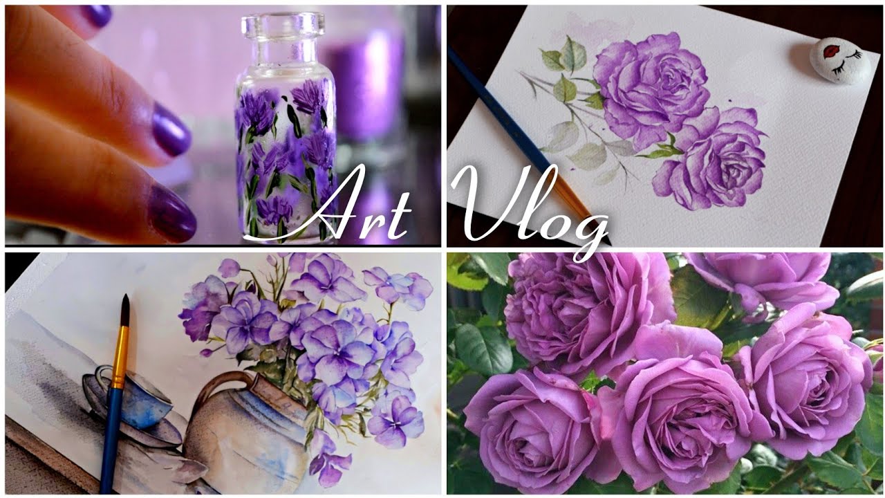 Life in shades of purple, Watercolor Painting And Art Vlog | Purple Florals, Glass Bottle Art, Roses