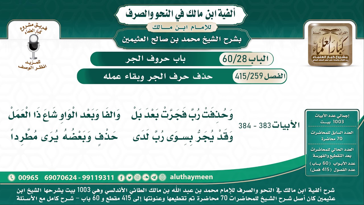 259 - 415 حذف حرف الجر وبقاء عمله - ألفية ابن مالك - شرح الشيخ ابن عثيمين ( 383 - 384 )