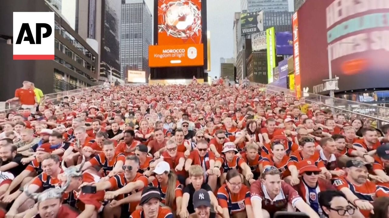 Norway fans perform 'Viking Row' in Times Square before World Cup match