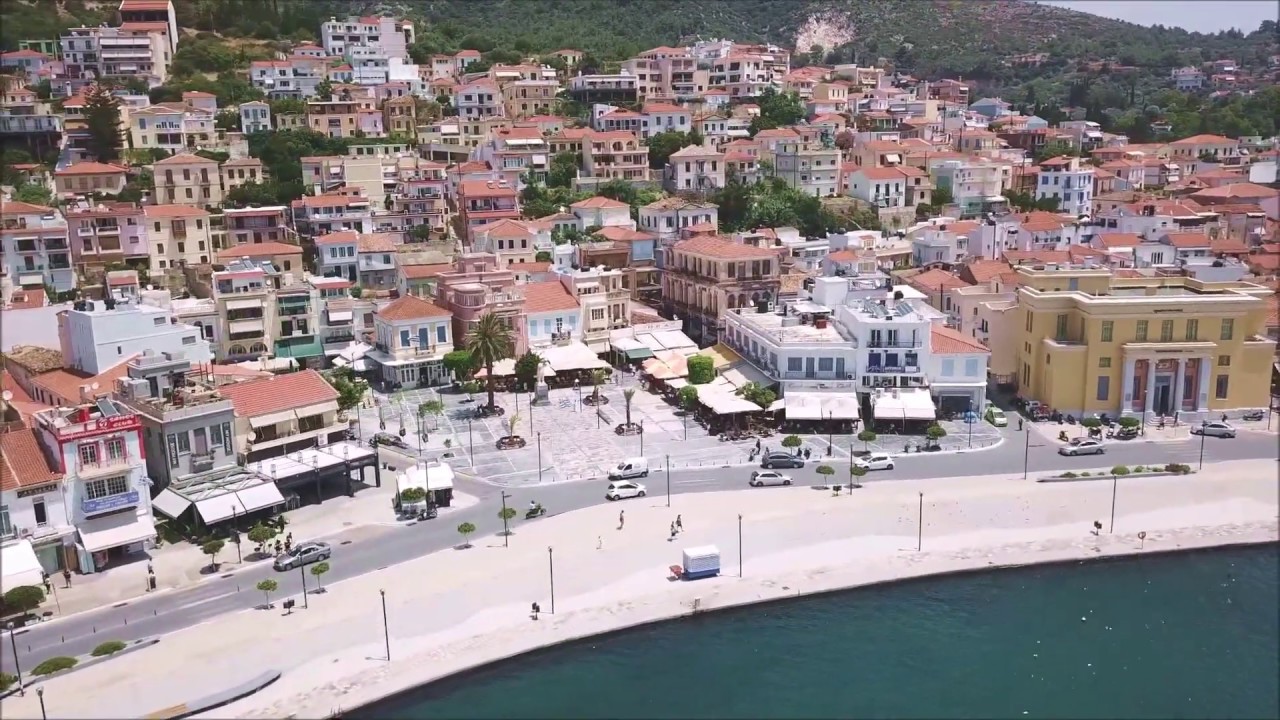 Drone flight over Samos town on the island of Samos, Greece