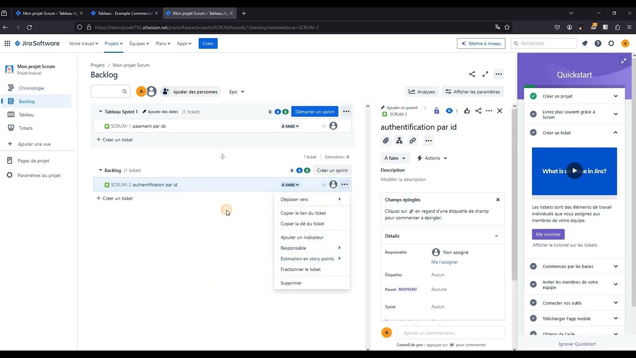 JIRA  : Création projet ,Epic , user story & bug