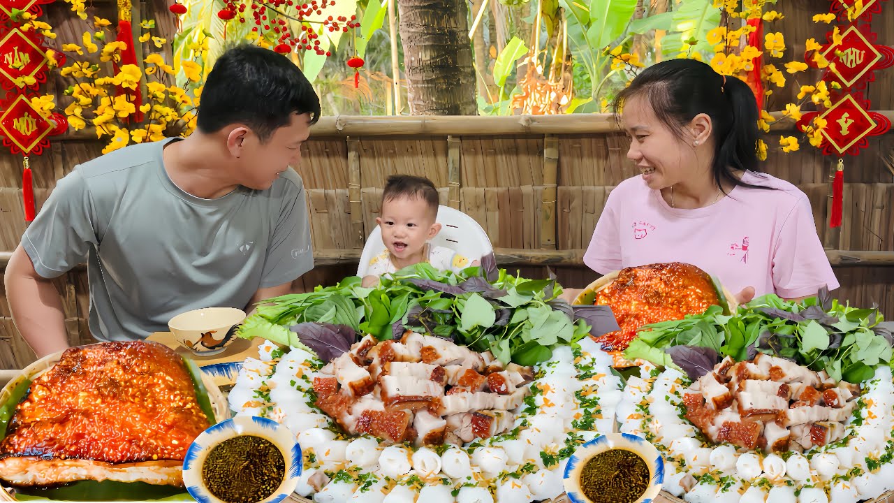 Heo Quay Da Giòn Rồm Rộp Làm Tại Nhà Ăn Cùng Bánh Hỏi Rau Vườn 