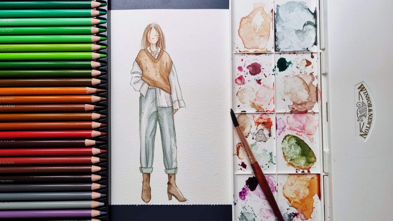 Watercolor Fashion Illustration Winter Casual Style | Fashion Ilustrasi Desain Baju Kasual Cat air