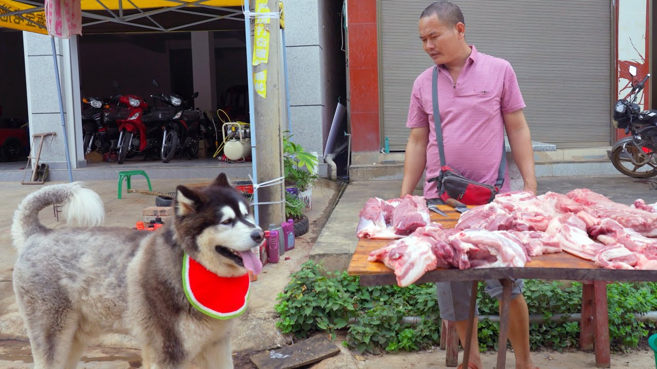 大王和盆姐上街买菜，看见肉摊忍不住回家拿钱买肉肉吃 Dawang couldn't help himself to take the money and buy the meat