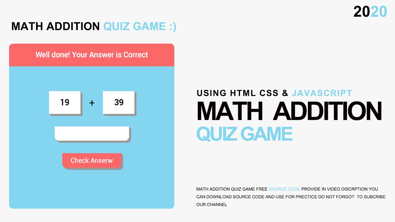 Math Addition Quiz Game Using Html Css & Javascript with Source Code in 2020