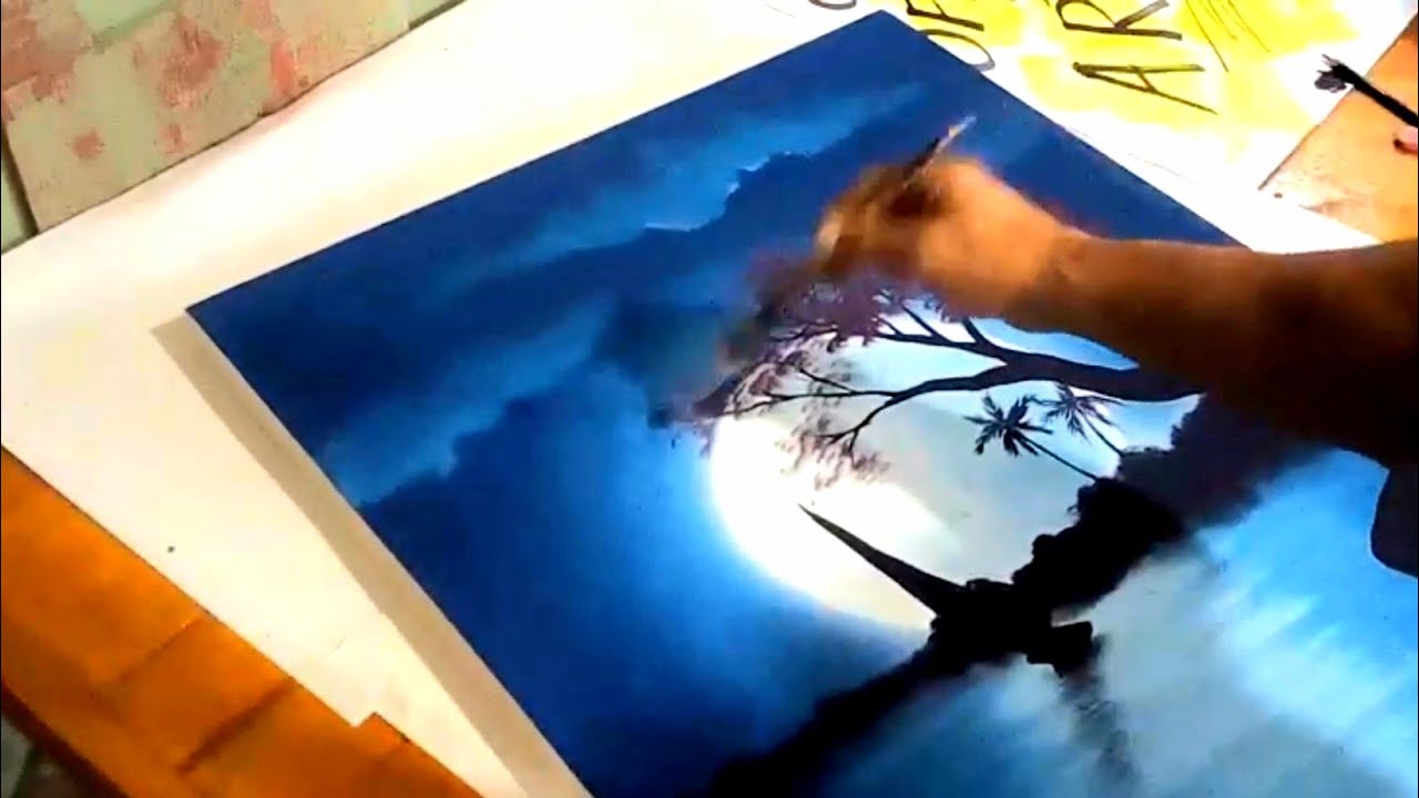 Como pintei uma paisagem noturna em tela com tinta acrília.