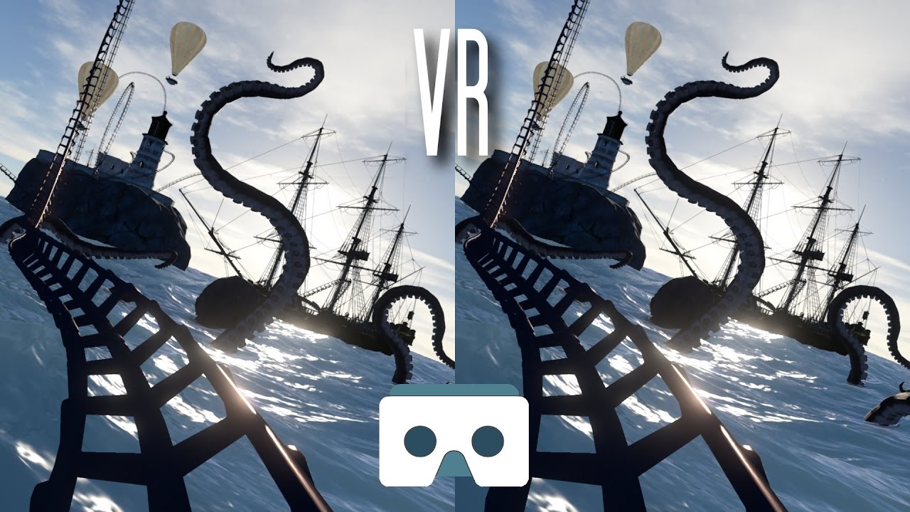Virtual Reality Roller Coaster: Scary VR Video with Sea Kraken
