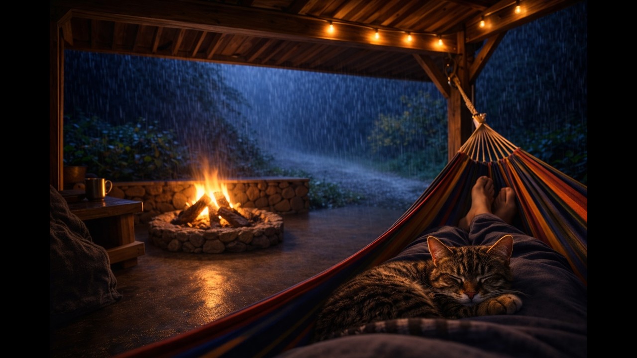 🌧️ Cozy Rain Outside at Night 🌙 Safe Shelter, Fire & Cat 💤 10 Hours