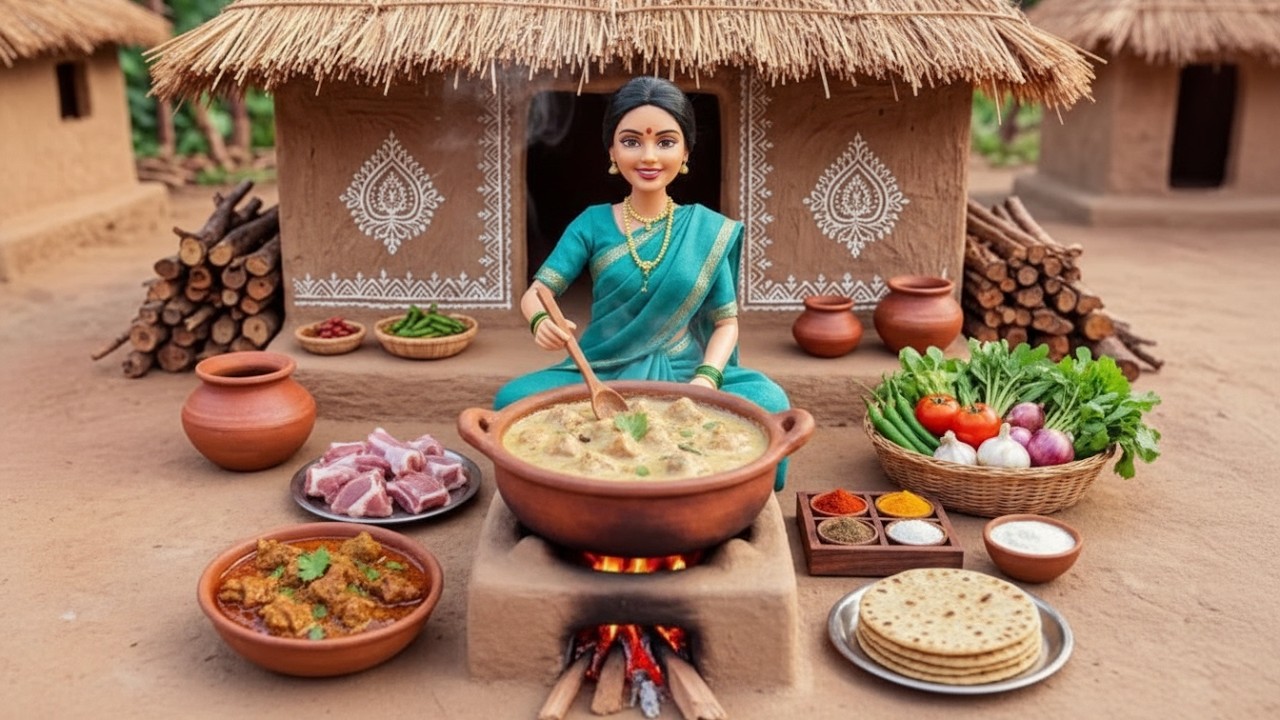 Miniature Village Cooking ASMR 🍛 Traditional Meat Curry & Roti | Tiny Chef