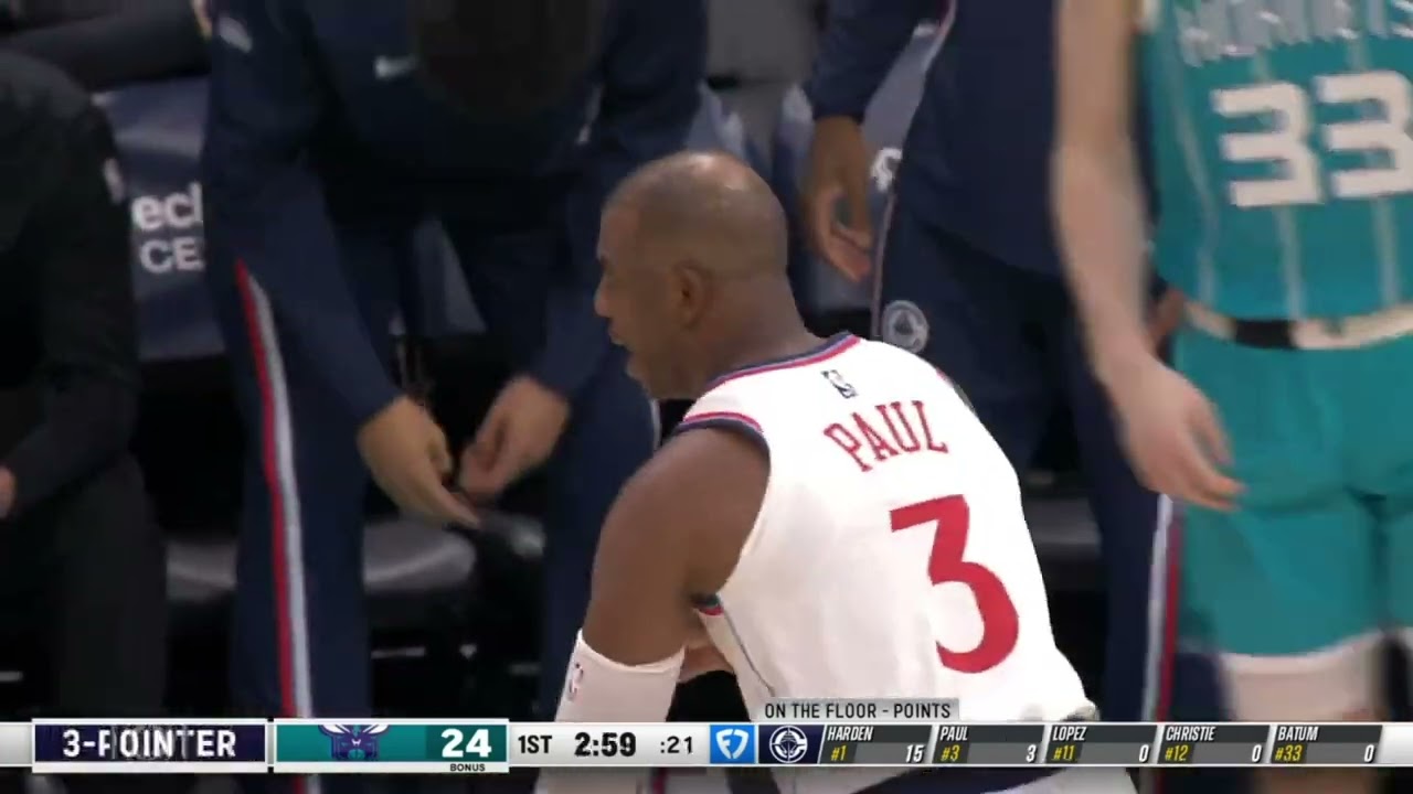 Chris Paul checks in. He gets a shot up right away, Hornets broadcast roots for the shot to go in