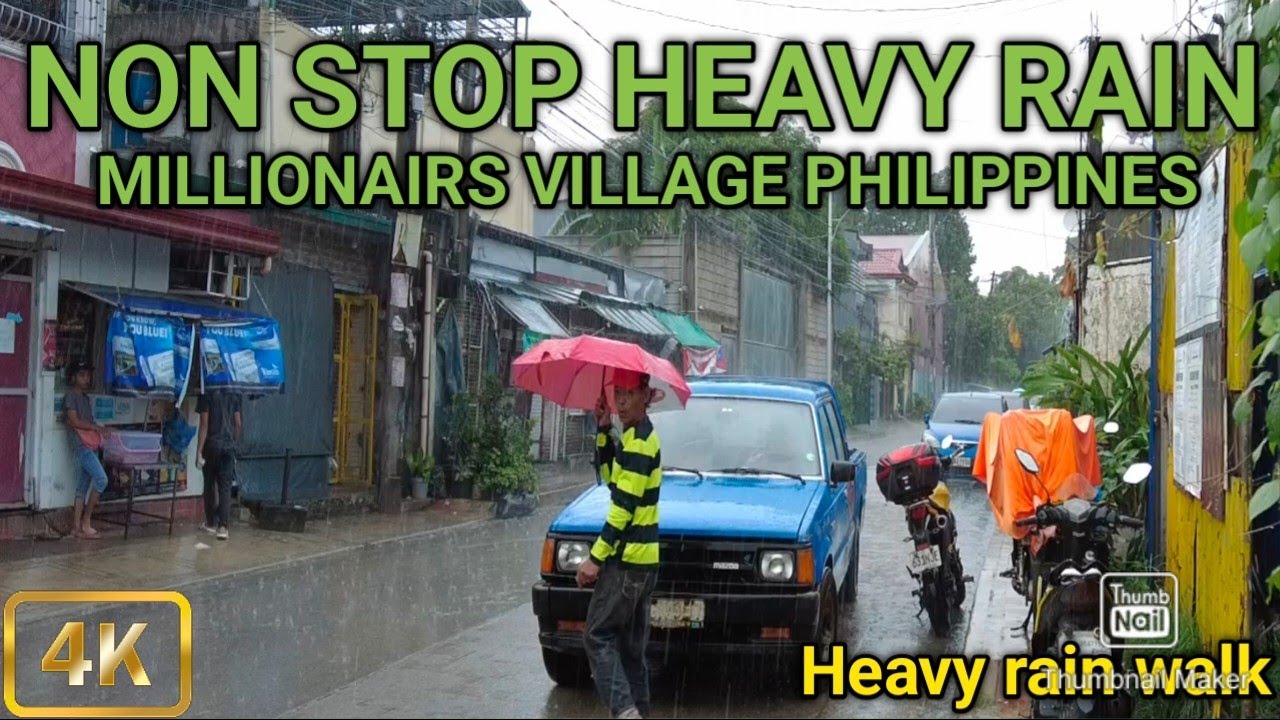 Walking in Non Stop Heavy Rain in Millionairs Village Quezon City Philippines [4K]