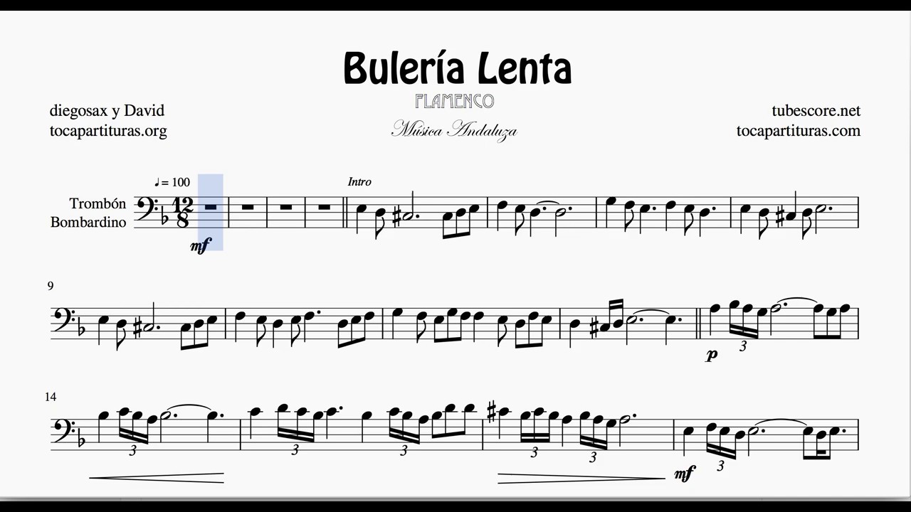 Buleria Lenta Sheet Music for Trombone and Euphonium (Bass Clef Flamenco)