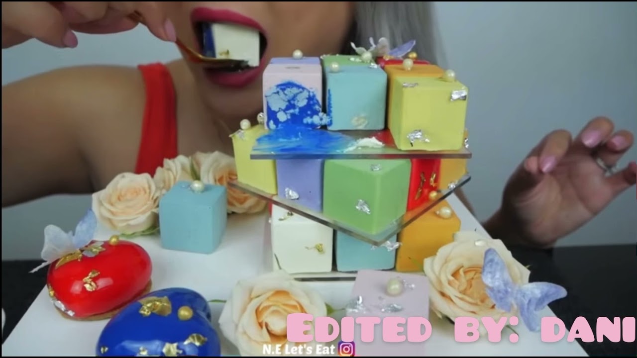 BITES ONLY: N.E lets eat (ASMR)- Cube mousse cake and edible butterflies