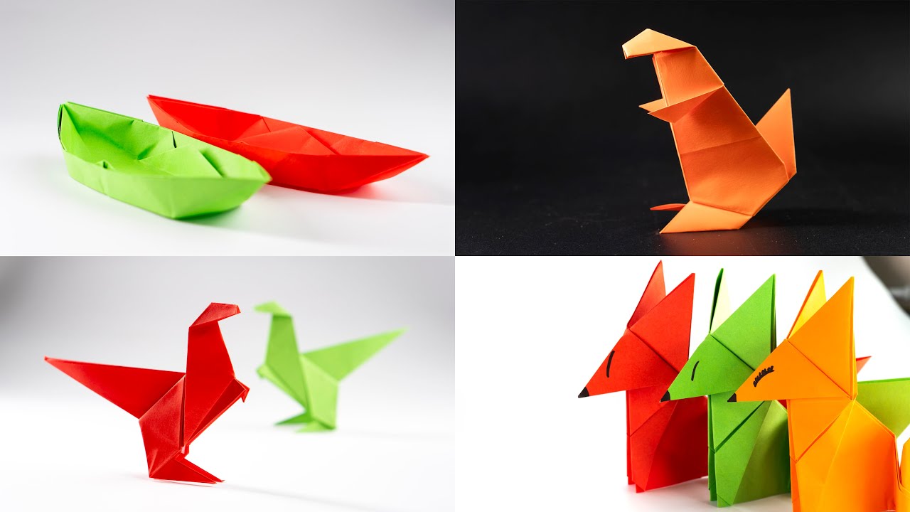 Cómo hacer un barquito de papel, una ardilla, un dinosaurio y un zorro. Origami 53