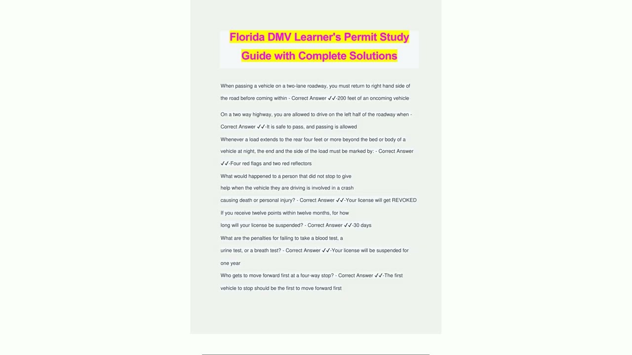 Florida DMV Learners Permit Study Guide with Complete Solutions56