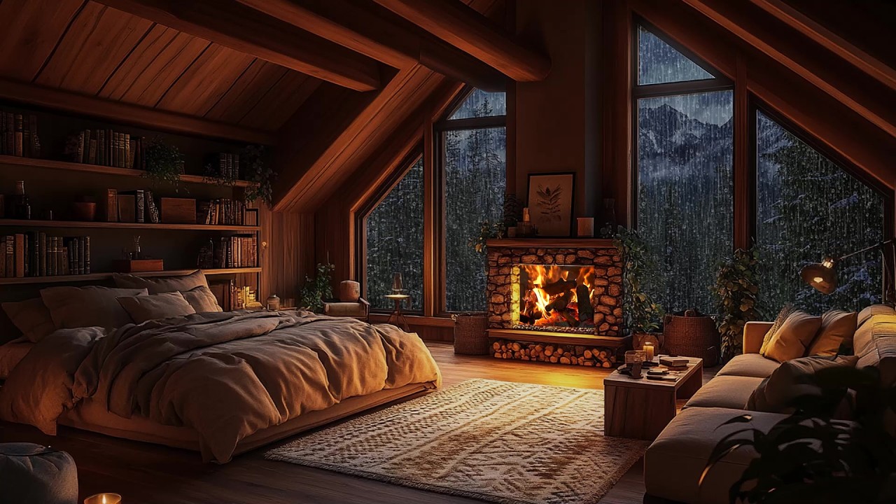 🔥 Steady Rain Beyond the Warm Wooden Cabin Bedroom Window at Night | Rain Sounds | Study & Relax
