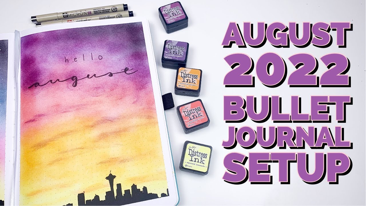 PLAN WITH ME | August 2022 Bullet Journal Setup | Distress Ink Sunset Silhouettes