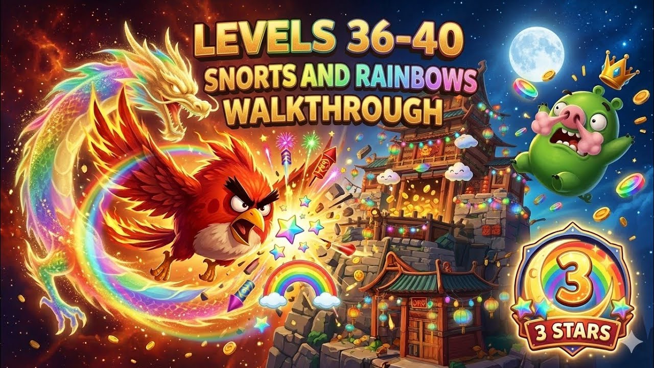 Прохождение уровней 36-40 игры Angry Birds Friends - Snorts and Rainbows (3 звезды)