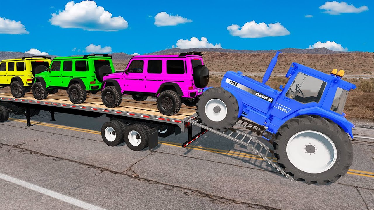 TRANSPORTING PIXAR CARS & FRUITS WITH COLORED & JOHN DEERE vs CLAAS vs TRACTORS - BeamNG.drive #962