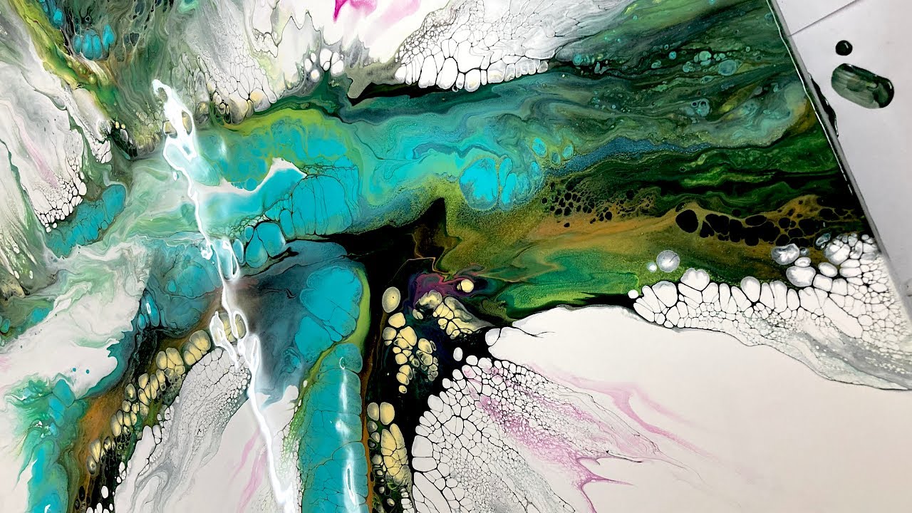 Large canvas dutch pour challenge #2. Huge and gorgeous abstract painting with pearl cells. ASMR