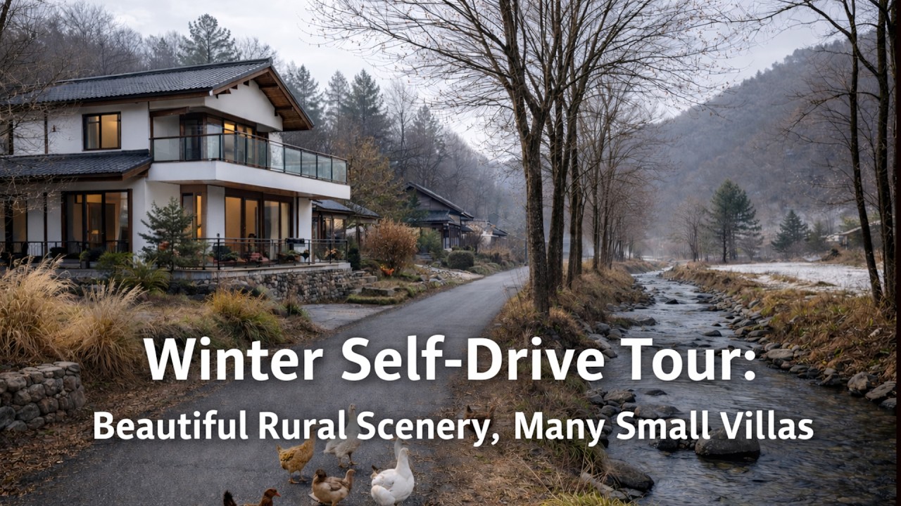 Winter road trip: beautiful countryside scenery, many small villas