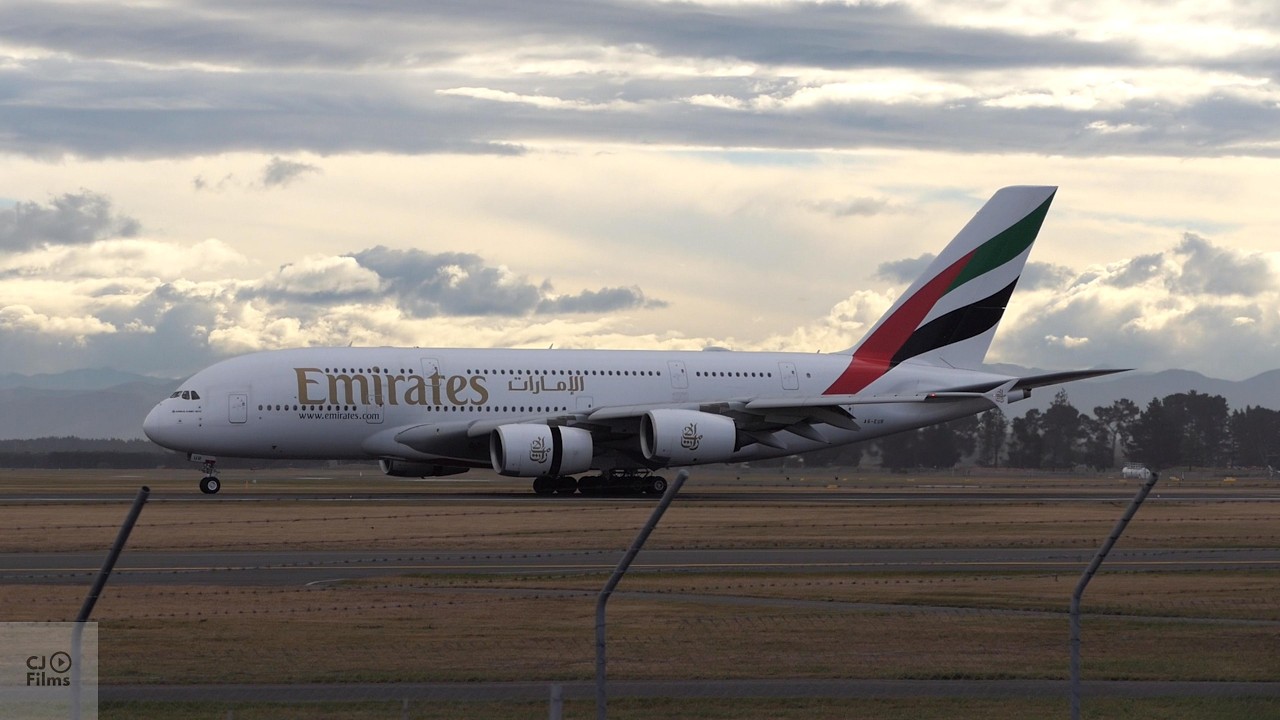 Emirates A380 reverse thrust power on arrival at CHC 2 May 2026 (EK412) A6-EUR