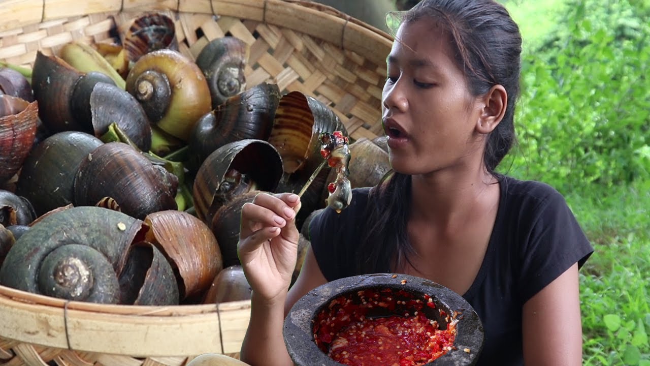 Find snails by the river for lunch and steamed snail tasty with chili sauce for a delicious meal