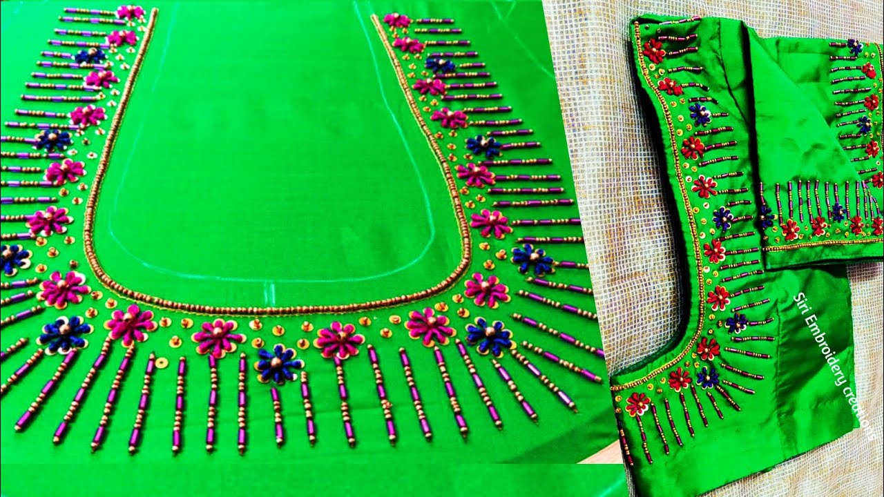 Hand embroidery neck design for churidar and blouses | #longfrenchknots | #lavangstitch.