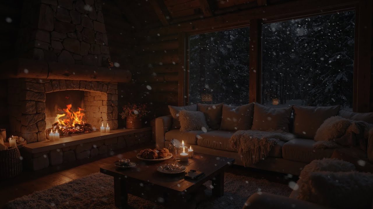 Warm Fireplace 🔥 Cozy Cabin Night with Snowfall & Fireplace Sounds
