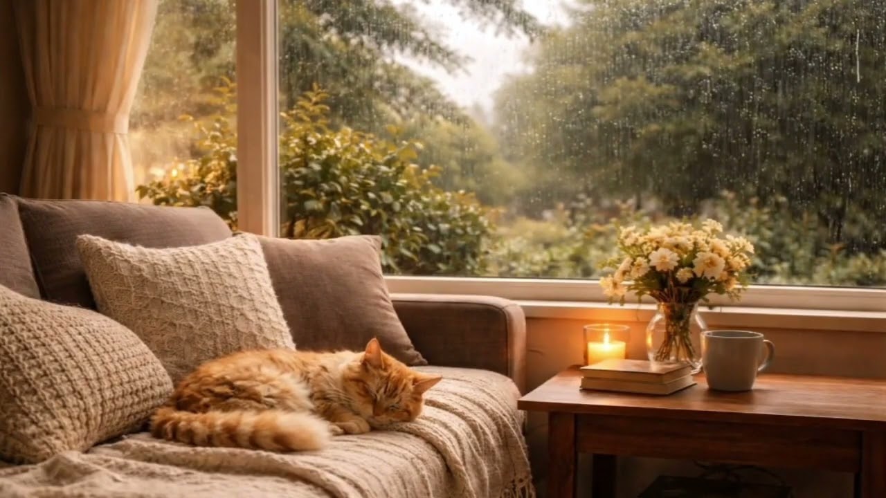 Sunny Rain Afternoon | Cozy Living Room Rain Sounds with a Sleeping Cat (3 Hours)