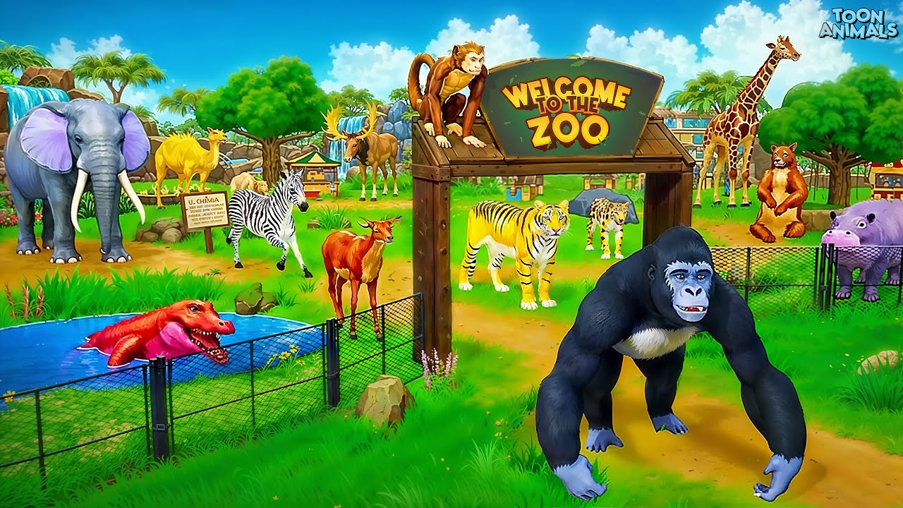 Zwierzęta z zoo kontra goryl &ndash; ostateczne starcie w dżungli: słoń, tygrys, zebra, jeleń, małpa, n...