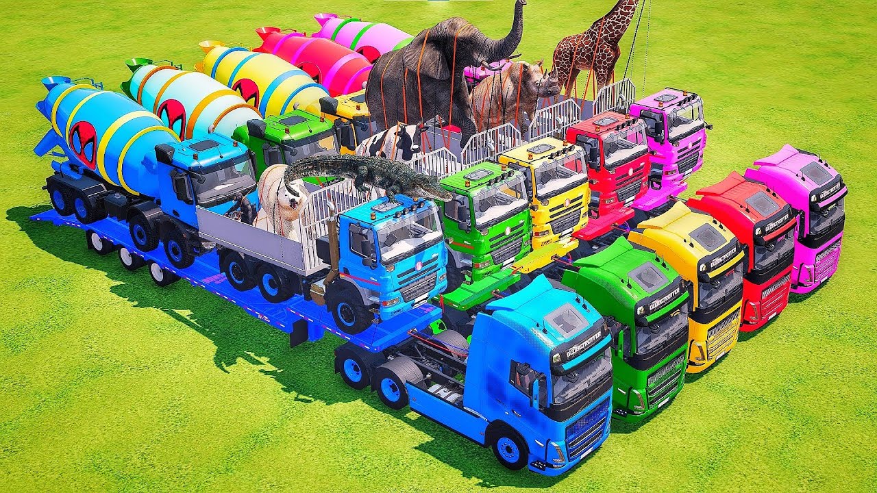 Garage with colors - ALL TRUCK WITH DOBLE FLATBED TRAILER TRUCK, VOLVO, DAF, INTERNATIONAL